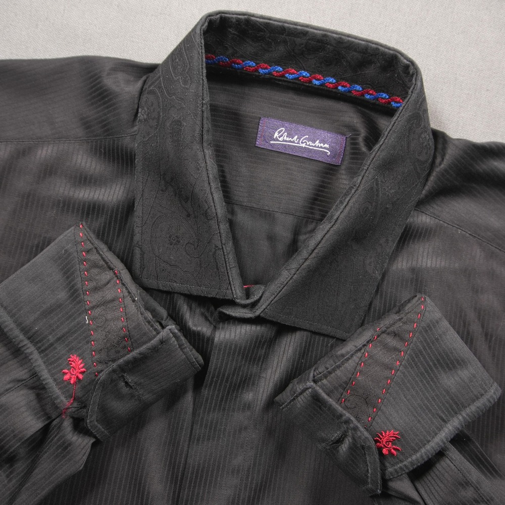 Robert Graham Paisley Collar Tonal Stripe Men XL Black On Black Textured